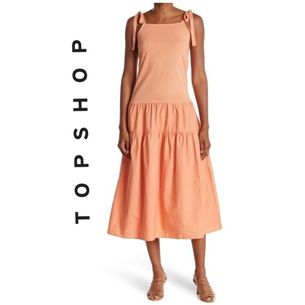 NWT Topshop Coral Peach Tiered Poplin Midi Dress 10